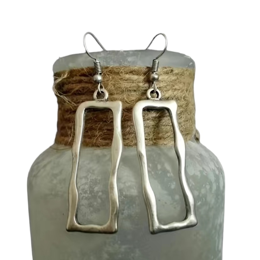 Boho Hollow Cut Rectangular Hammered Silver Drop … - image 1